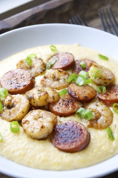 Andouille Sausage + Jerk Shrimp and Cheddar Grits