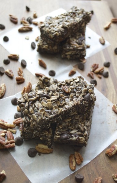 Double Chocolate Protein Bars with Coconut and Pecans. Gluten free, no bake, and delicious! www.maebells.com