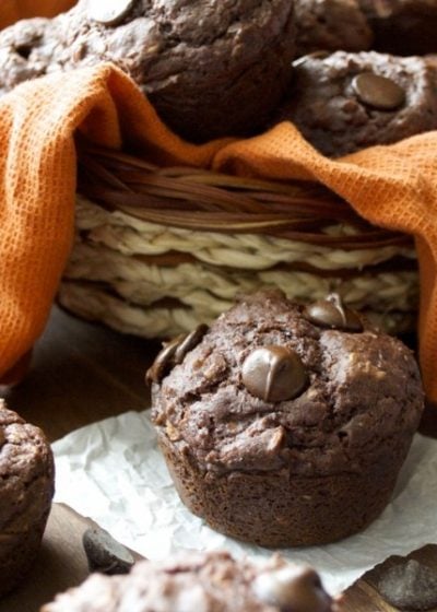 Double Chocolate Chunk Protein Muffins..very easy! You would never guess they are gluten free!