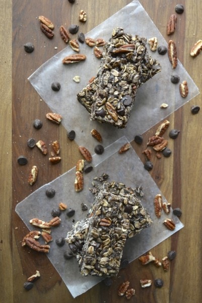 Double Chocolate Protein Bars with Coconut and Pecans. Gluten free, no bake, and delicious! www.maebells.com