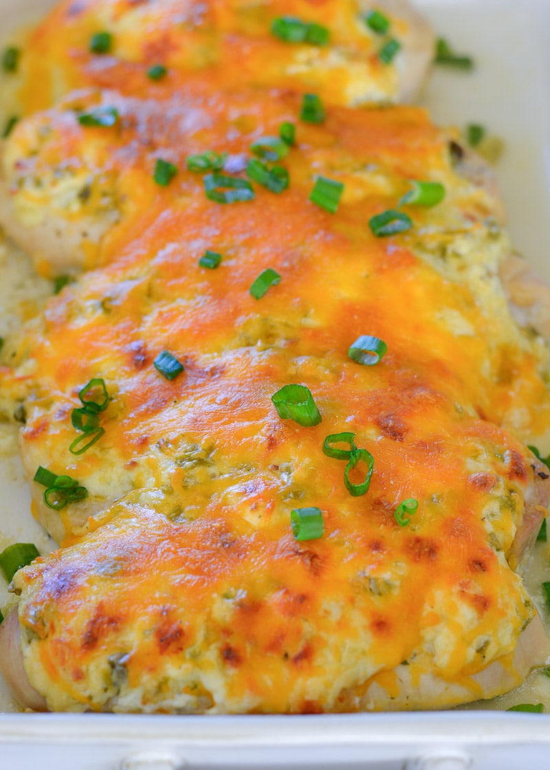 Try my favorite Cheesy Chicken Bake for an easy one pan, keto-friendly dinner recipe! Each serving of chicken is smothered with green chiles, cheese and ranch for less than 4 net carbs! 
