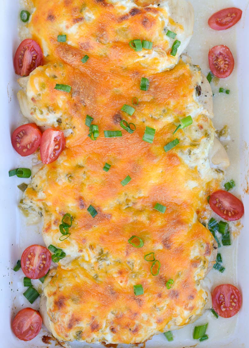 Try my favorite Cheesy Chicken Bake for an easy one pan, keto-friendly dinner recipe! Each serving of chicken is smothered with green chiles, cheese and ranch for less than 4 net carbs! 