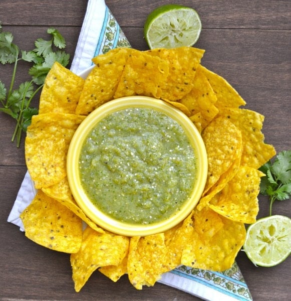 Roasted Tomatillo and Jalapeno Salsa, the easiest Salsa Verde ever! Just roast and toss in the blender!