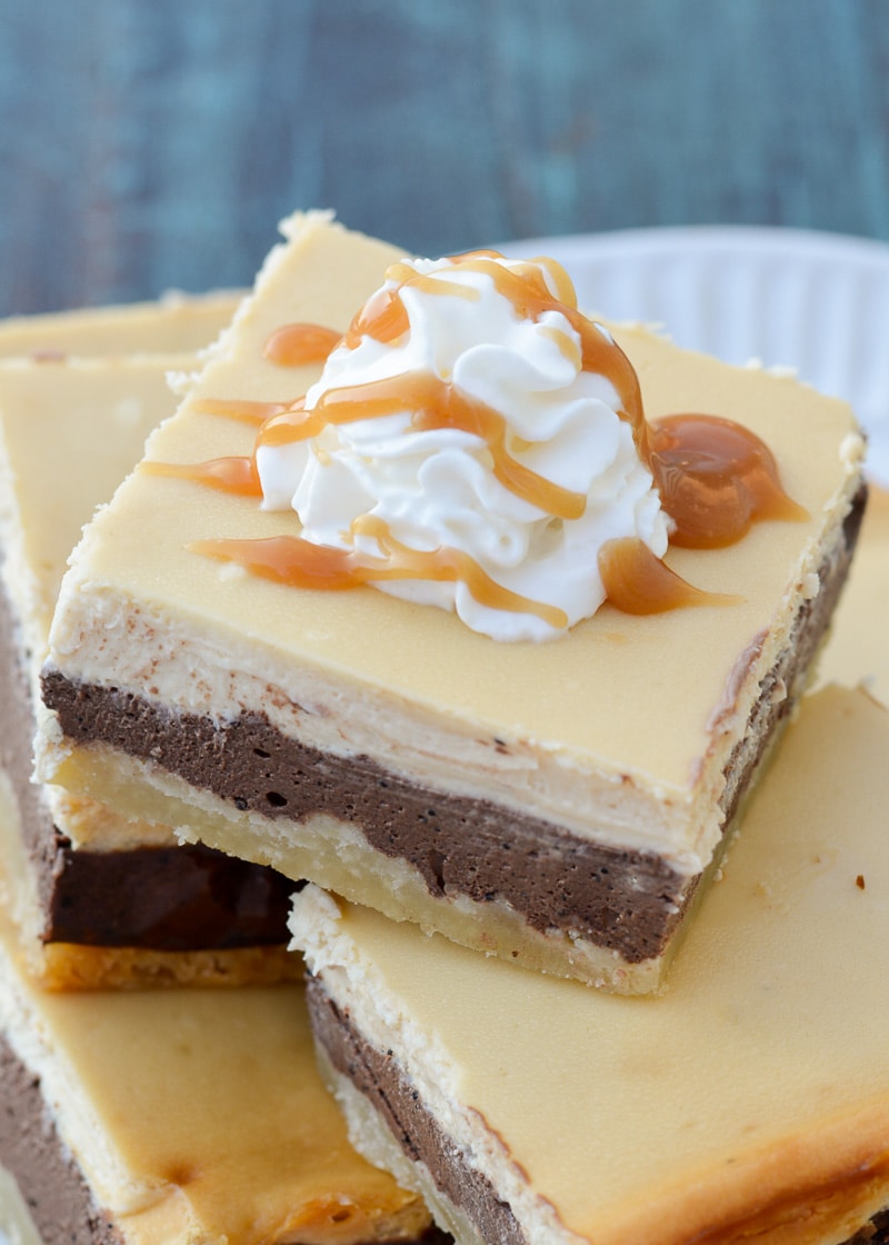 These decadent three layer Keto Caramel Mocha Cheesecake Bars are the perfect sweet treat! Each bar contains just 2.5 net carbs! 