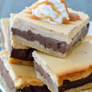 These decadent three layer Keto Caramel Mocha Cheesecake Bars are the perfect sweet treat! Each bar contains just 2.5 net carbs! 