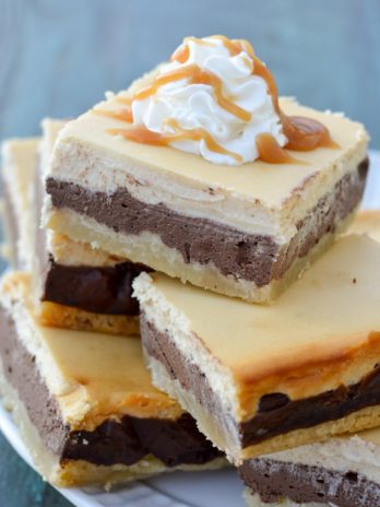 These decadent three layer Keto Caramel Mocha Cheesecake Bars are the perfect sweet treat! Each bar contains just 2.5 net carbs! 