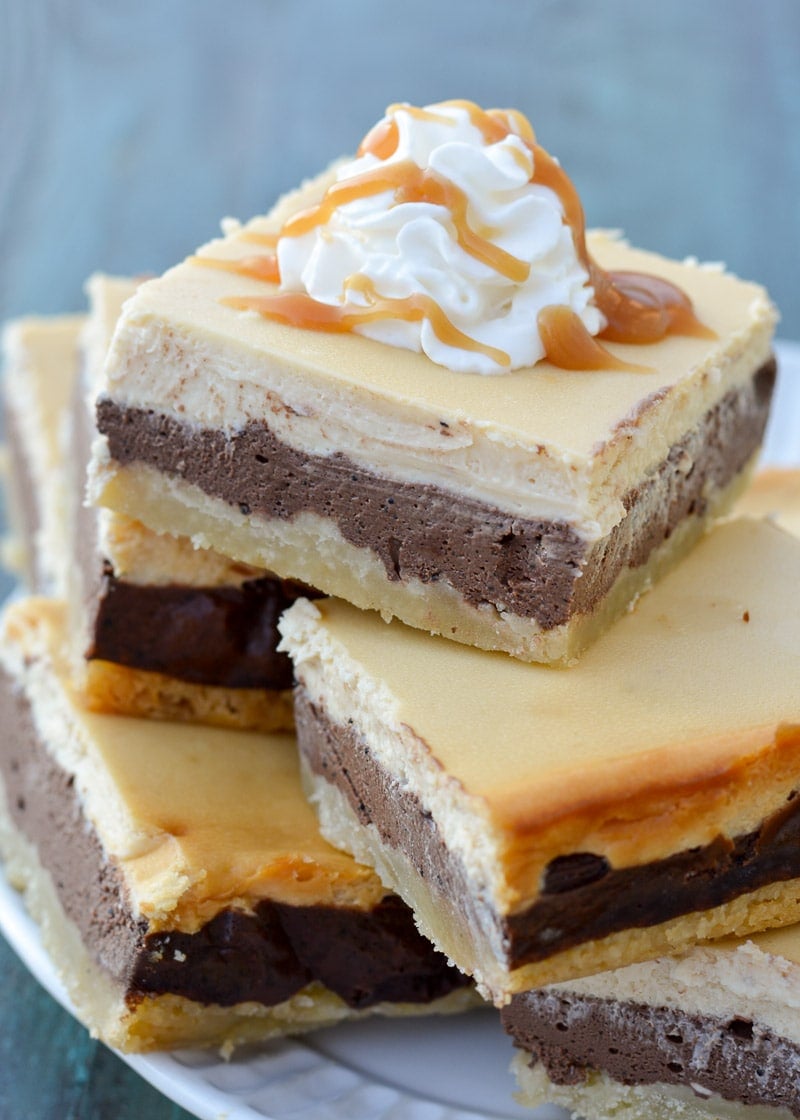 These decadent three layer Keto Caramel Mocha Cheesecake Bars are the perfect sweet treat! Each bar contains just 2.5 net carbs! 