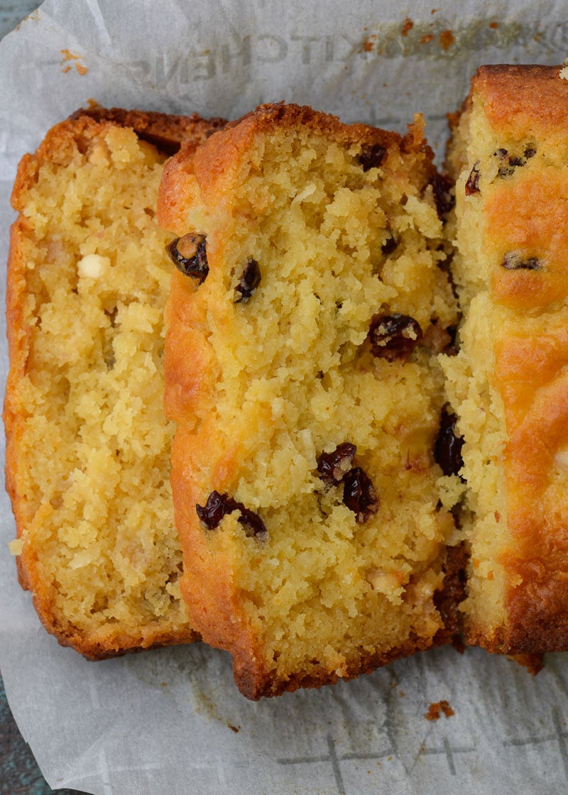 This Old Fashioned Cranberry Bread features dried cranberries, white chocolate chips and hints of vanilla!