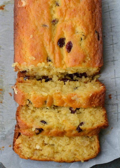 This Old Fashioned Cranberry Bread features dried cranberries, white chocolate chips and hints of vanilla!