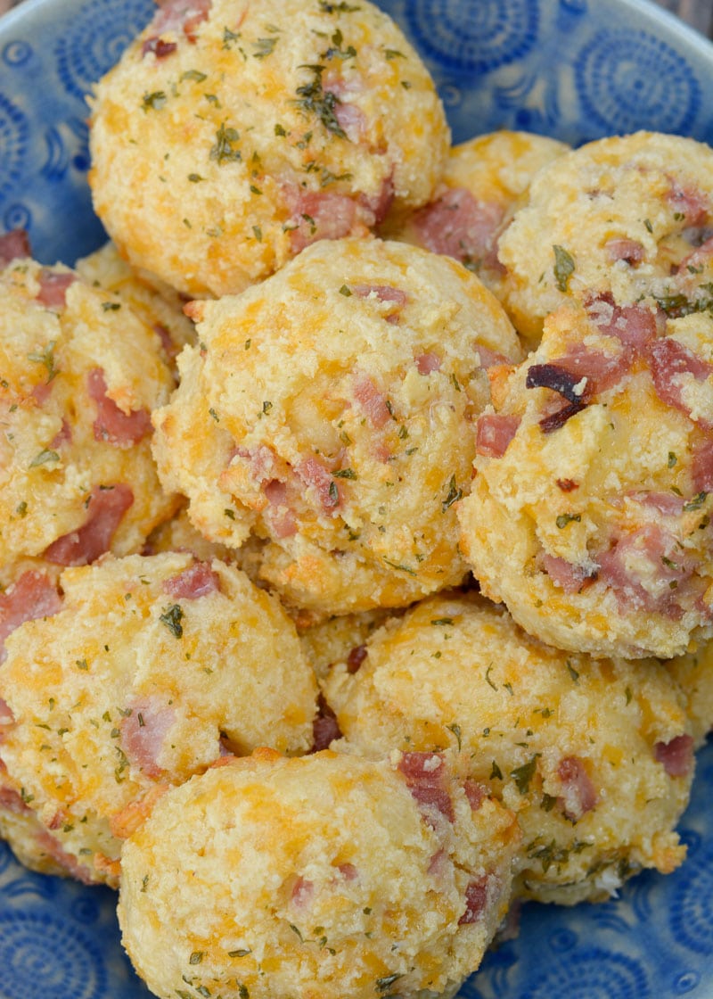 Serve a big bowl of these Cheesy, fluffy Keto Ham and Swiss biscuits with a batch of scrambled eggs!