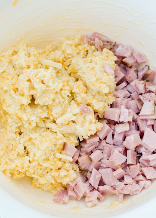 After you have mixed all other ingredients, fold your ham in for tasty low-carb breakfast biscuits.