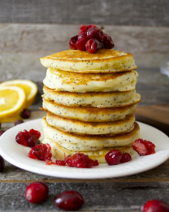 Light and fluffy Cranberry Poppy Seed Pancakes with Cranberry Syrup make the perfect Holiday breakfast! 