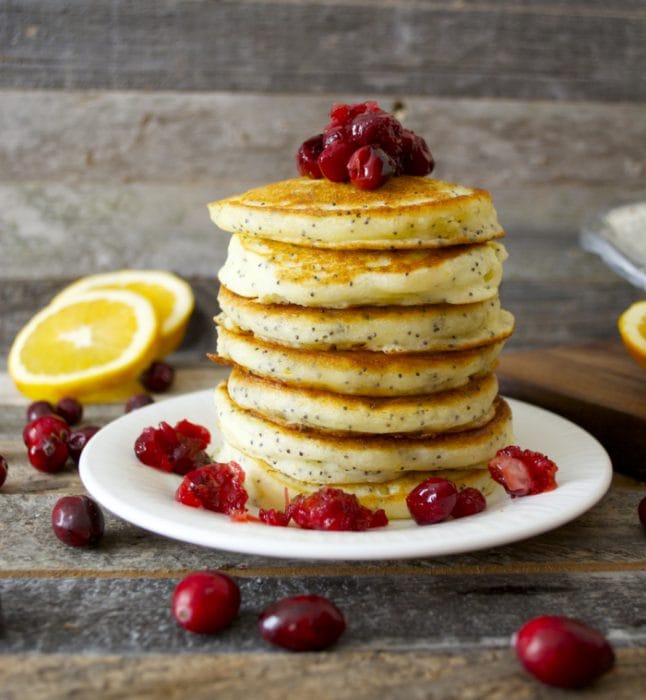 Light and fluffy Cranberry Poppy Seed Pancakes with Cranberry Syrup make the perfect Holiday breakfast! 