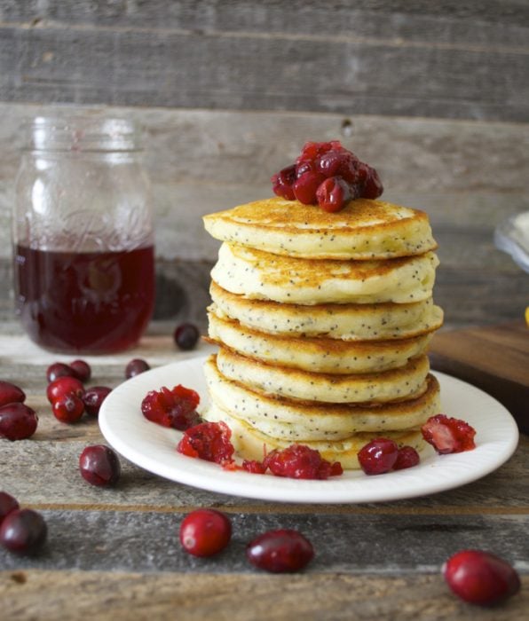 Light and fluffy Cranberry Poppy Seed Pancakes with Cranberry Syrup make the perfect Holiday breakfast! 