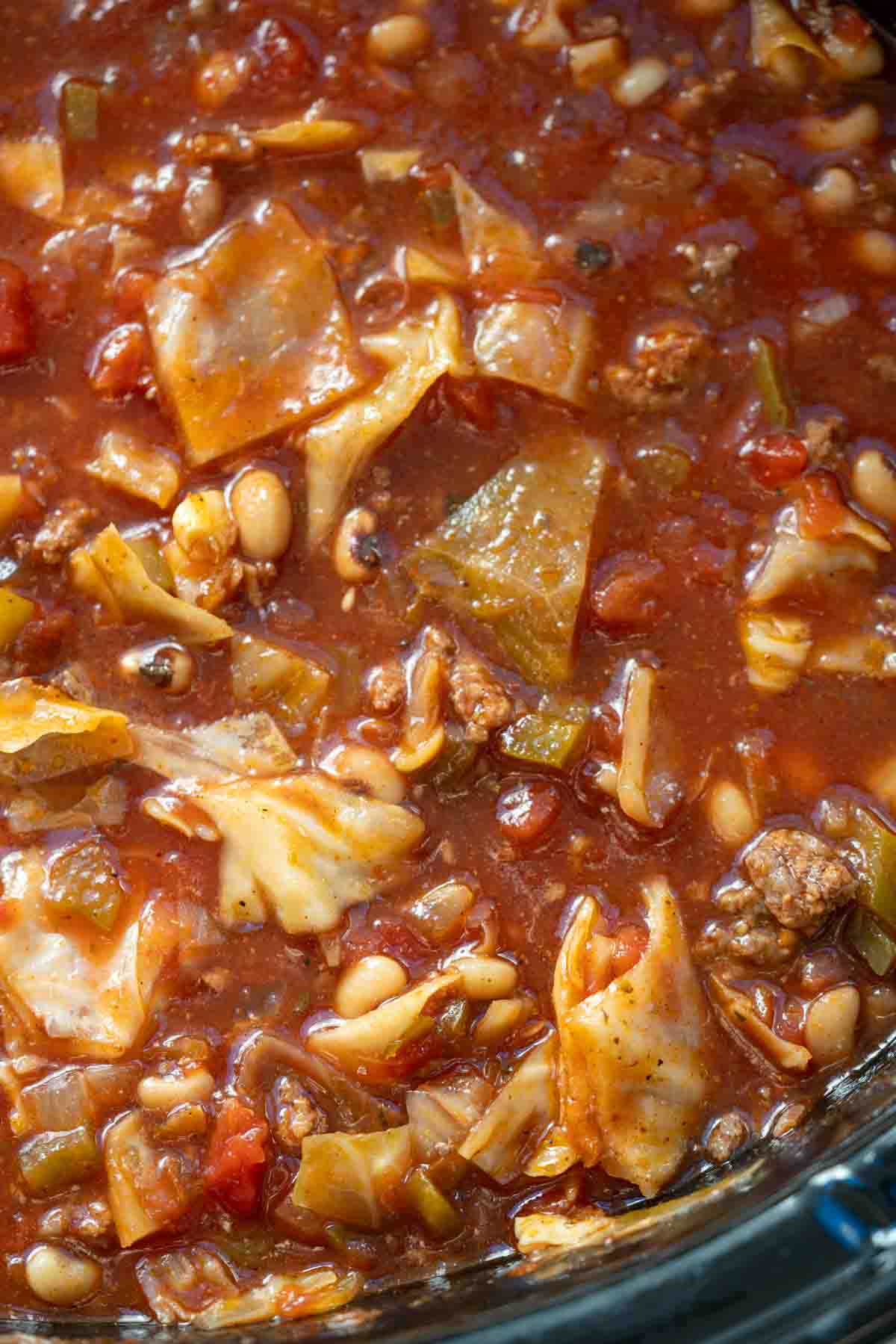a closeup shot of Cabbage and Black-Eyed Pea Soup