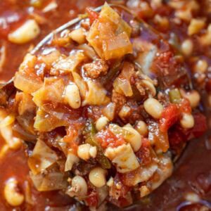 an overhead shot of Cabbage and Black Eyed Pea Soup