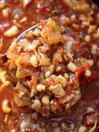 an overhead shot of Cabbage and Black Eyed Pea Soup