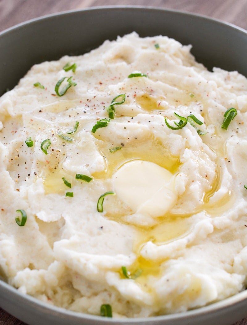 best ever mashed potatoes in a gray bowl