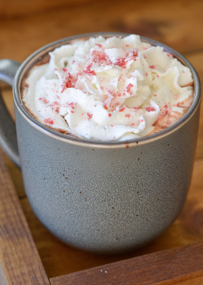 This Slow Cooker Peppermint Mocha Hot Cocoa features ultra rick hot chocolate spiked with peppermint extract and espresso! 