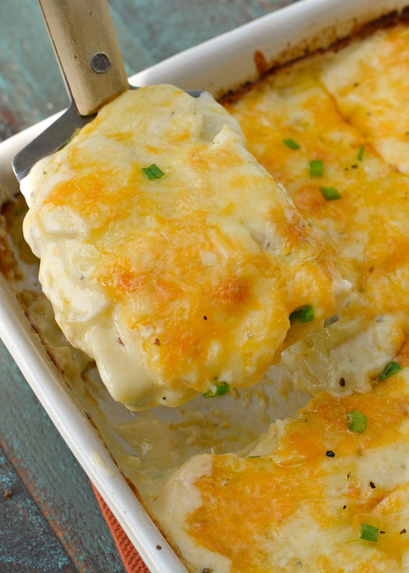 Thinly sliced potatoes are paired with a creamy cheesy ranch sauce in the perfect Cheddar Ranch Au Gratin Potatoes recipe!