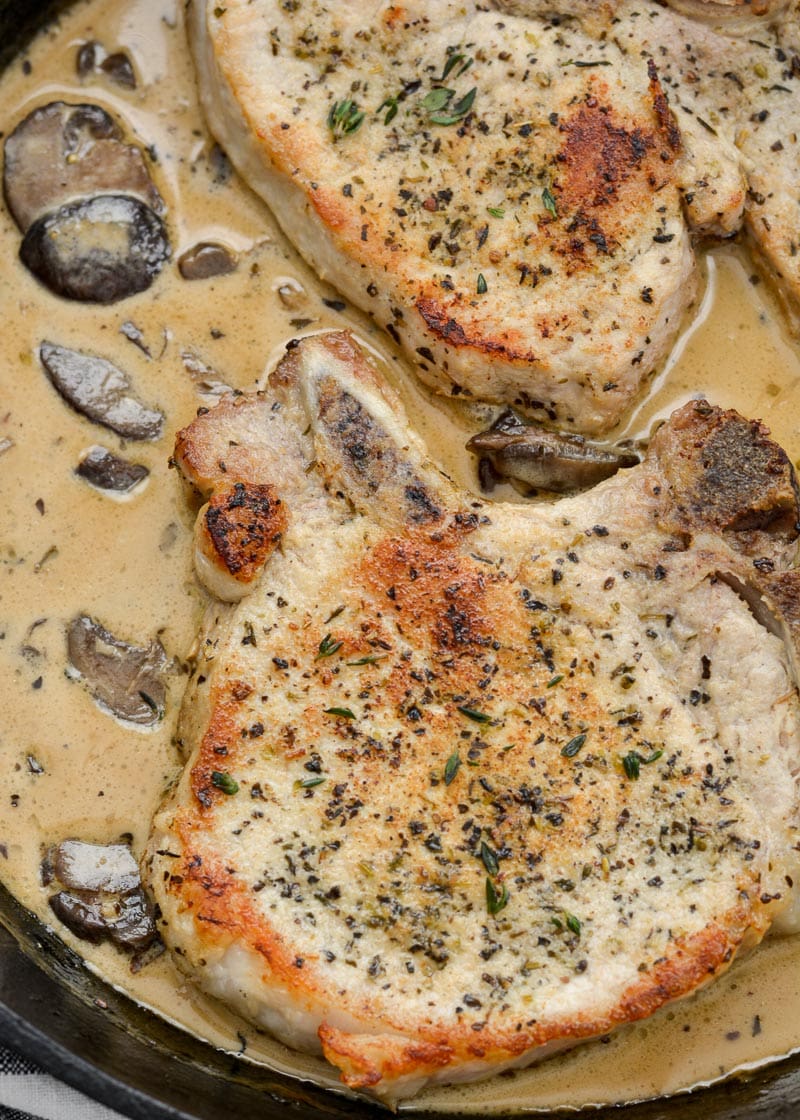 These One Pan Pork Chops with Cream Sauce are an easy, low carb recipe that is always a family favorite!