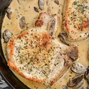 These One Pan Pork Chops with Cream Sauce are an easy, low carb recipe that is always a family favorite!