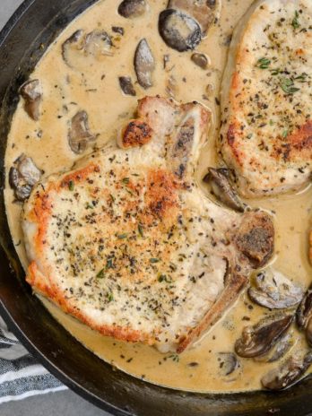 These One Pan Pork Chops with Cream Sauce are an easy, low carb recipe that is always a family favorite!