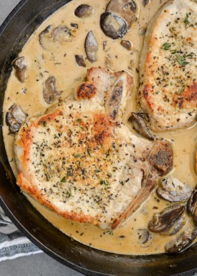 These One Pan Pork Chops with Cream Sauce are an easy, low carb recipe that is always a family favorite!