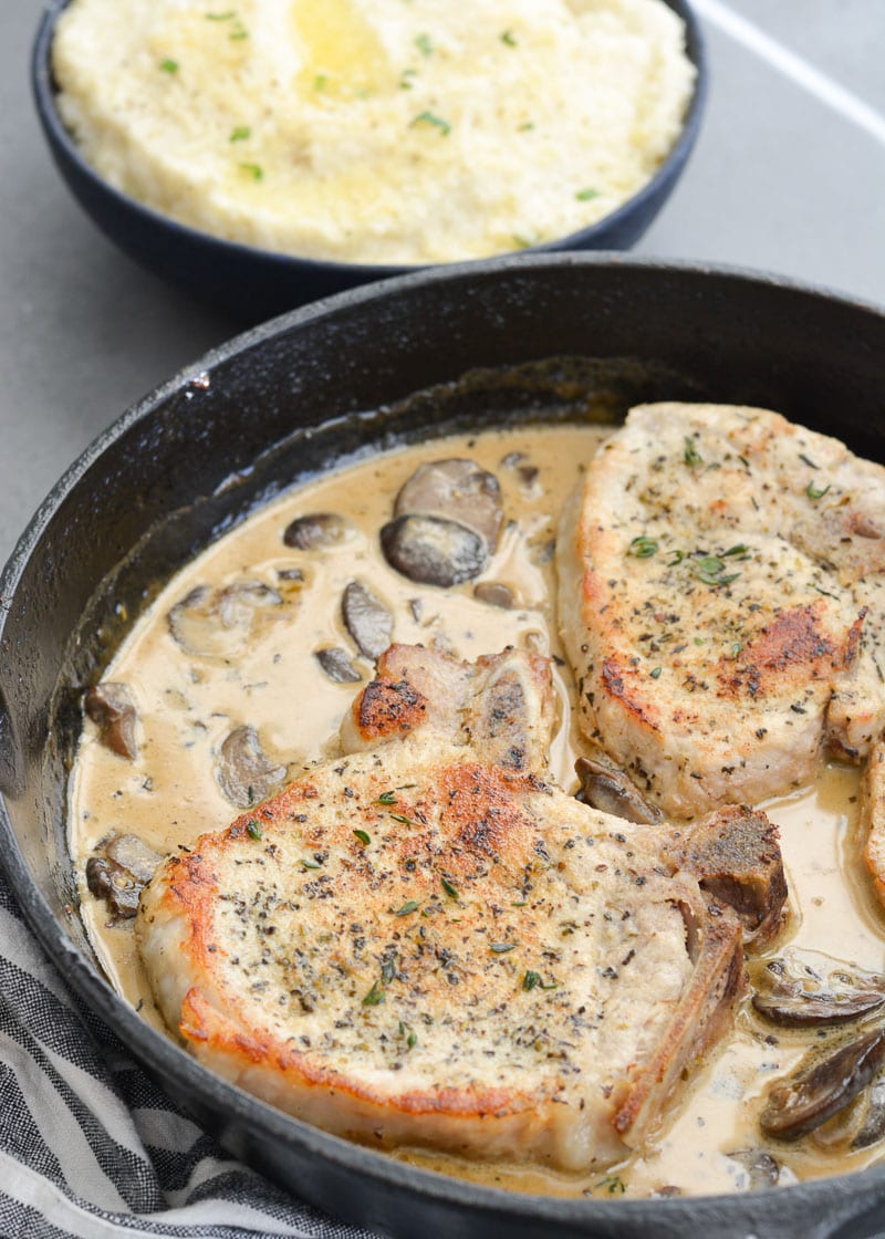 These One Pan Pork Chops with Cream Sauce are an easy, low carb recipe that is always a family favorite!