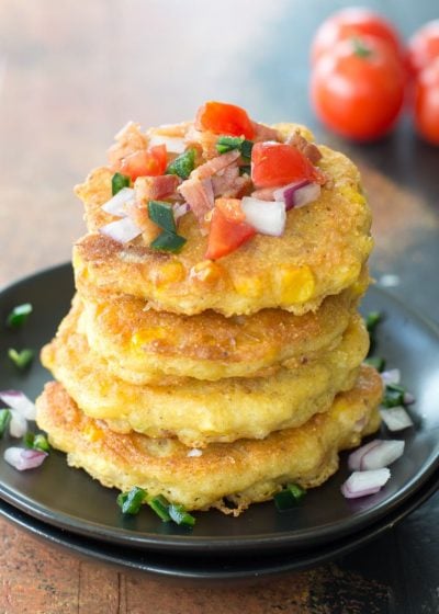 These Green Chile Corn Fritters are loaded with Tex Mex flavor and bacon! This is the perfect easy appetizer or gluten free dinner!