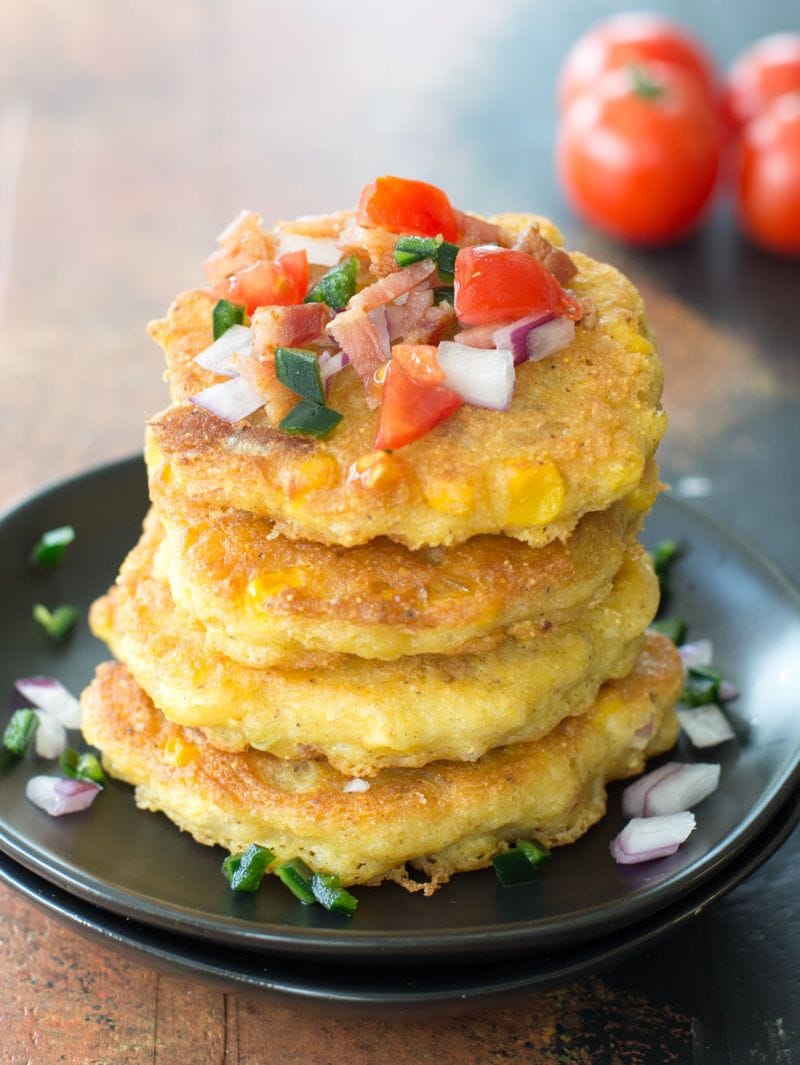 These Green Chile Corn Fritters are loaded with Tex Mex flavor and bacon! This is the perfect easy appetizer or gluten free dinner!