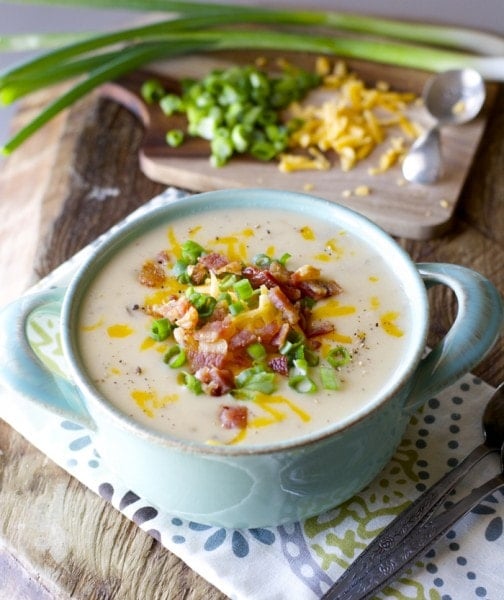 Easy Potato Soup! Top with bacon cheddar and green onions for the ultimate comfort food! 
