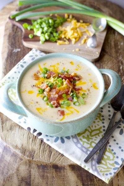 Easy Potato Soup! Top with bacon cheddar and green onions for the ultimate comfort food! 