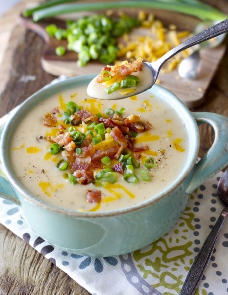 Easy Potato Soup! Top with bacon cheddar and green onions for the ultimate comfort food!