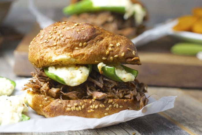 Shredded Beef and Jalapeno Popper Burgers. Total man food and super easy! #slowcooker #glutenfree