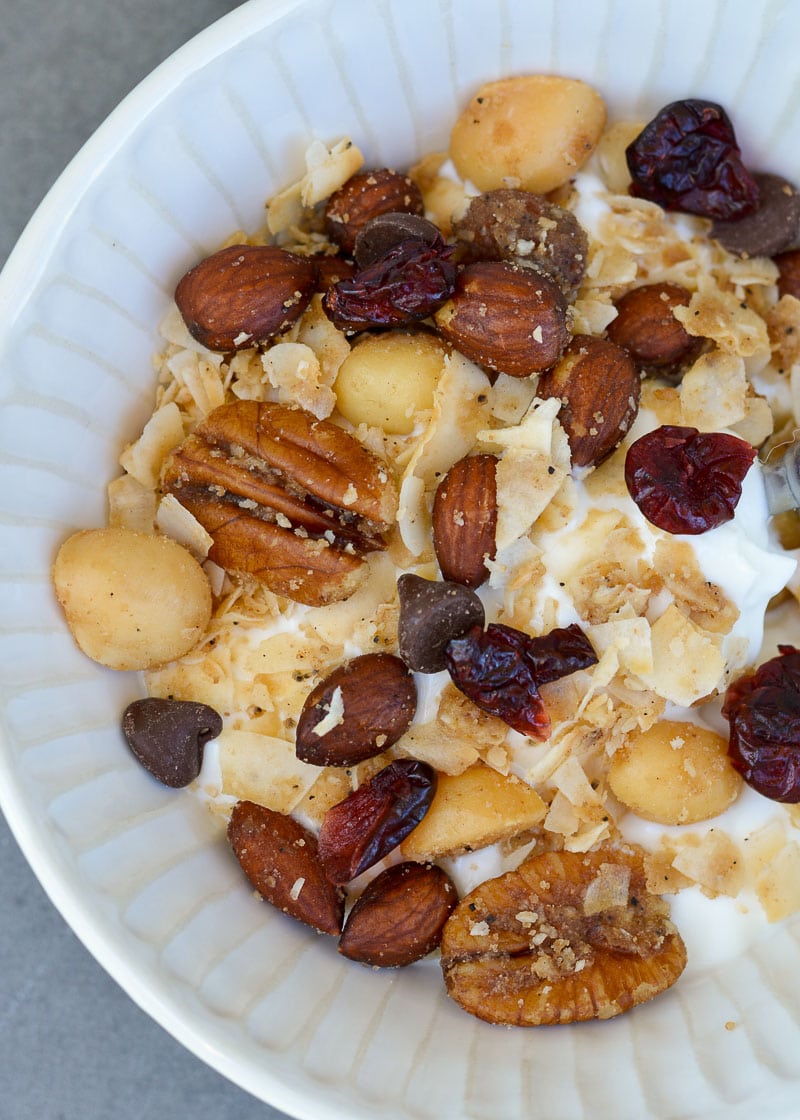 This Grain Free Granola with Cranberries is packed with rich dark chocolate, tart cranberries coconut, nuts, and seeds! It is the perfect grab-and-go snack for any occasion!