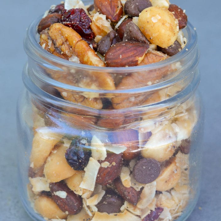 This Grain Free Granola with Cranberries is packed with rich dark chocolate, tart cranberries coconut, nuts, and seeds! It is the perfect grab-and-go snack for any occasion!