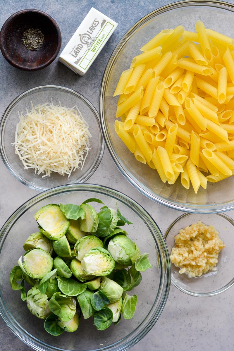 This five ingredient Penne with Brussels Sprouts and Parmesan is swimming in a rich brown butter sauce. The perfect vegetarian meal or quick and easy side dish!