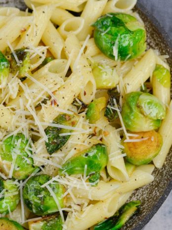 This five ingredient Penne with Brussels Sprouts and Parmesan is swimming in a rich brown butter sauce. The perfect vegetarian meal or quick and easy side dish!