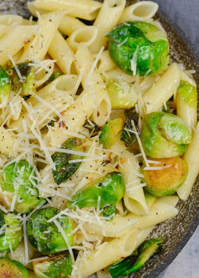 This five ingredient Penne with Brussels Sprouts and Parmesan is swimming in a rich brown butter sauce. The perfect vegetarian meal or quick and easy side dish!