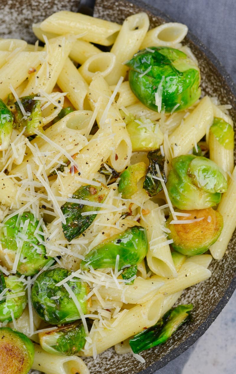 This five ingredient Penne with Brussels Sprouts and Parmesan is swimming in a rich brown butter sauce. The perfect vegetarian meal or quick and easy side dish!