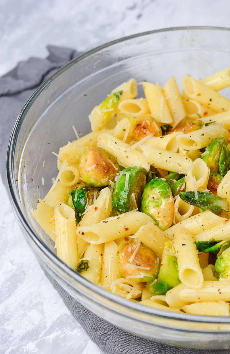 This five ingredient Penne with Brussels Sprouts and Parmesan is swimming in a rich brown butter sauce. The perfect vegetarian meal or quick and easy side dish!