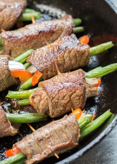 These easy Keto Steak Rolls are loaded with flavor. Flank steak is wrapped around green beans, peppers and onion, just 4 net carbs per serving!