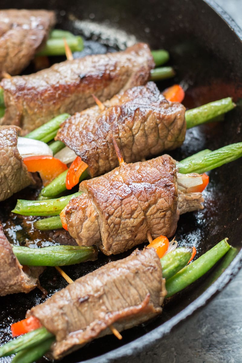 These easy Keto Steak Rolls are loaded with flavor. Flank steak is wrapped around green beans, peppers and onion, just 4 net carbs per serving!