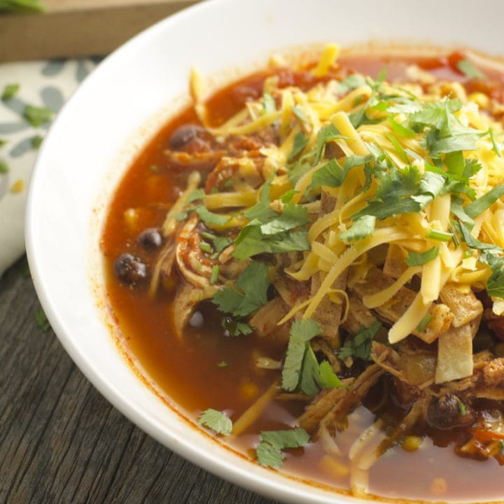 Slow Cooker Chicken Enchilada Soup, all the flavor of enchiladas in an easy healthy soup! #slowcooker www.maebells.com