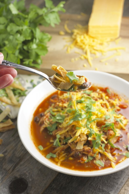 a spoonful of soup held aloft over bowl of chicken enchilada soup garnished with cilantro and shredded cheese 
