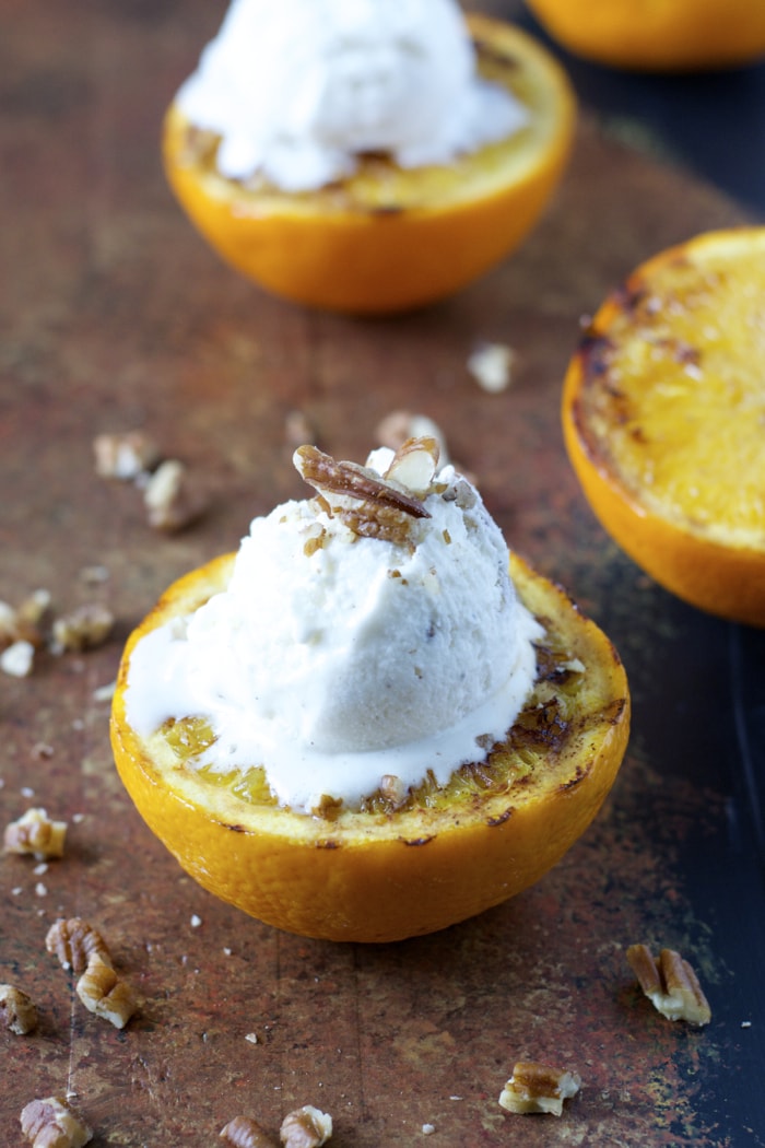 Ginger Grilled Oranges with Butter Pecan Ice Cream! Just two minutes to prepare and SO good! 