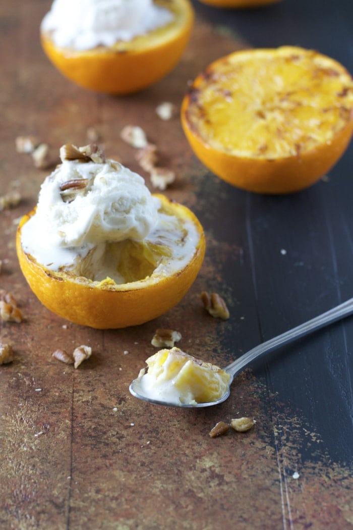 Ginger Grilled Oranges with Butter Pecan Ice Cream! Just two minutes to prepare and SO good! 