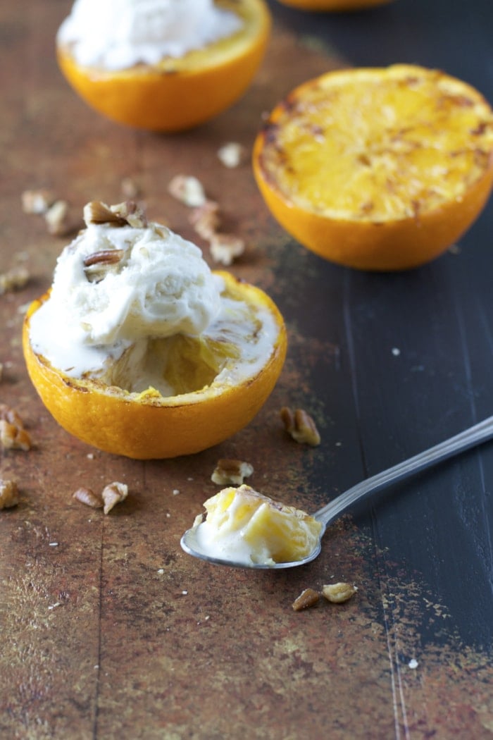 Ginger Grilled Oranges with Butter Pecan Ice Cream! Just two minutes to prepare and SO good!