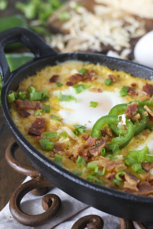 Baked Eggs and Cheesy Grits with Bacon and Jalapeño! The ultimate Southern breakfast!